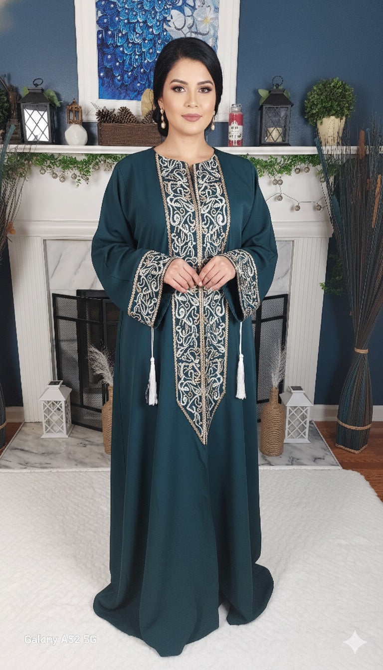 Emerald Green One-Piece Abaya with Embroidery