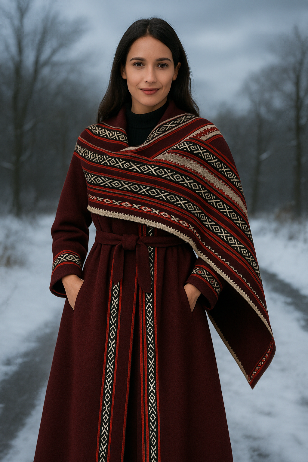 Embroidered Winter Coat – Burgundy Elegance