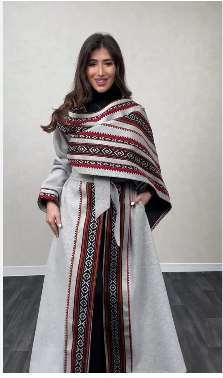 Grey Coat with Traditional Embroidered Shawl