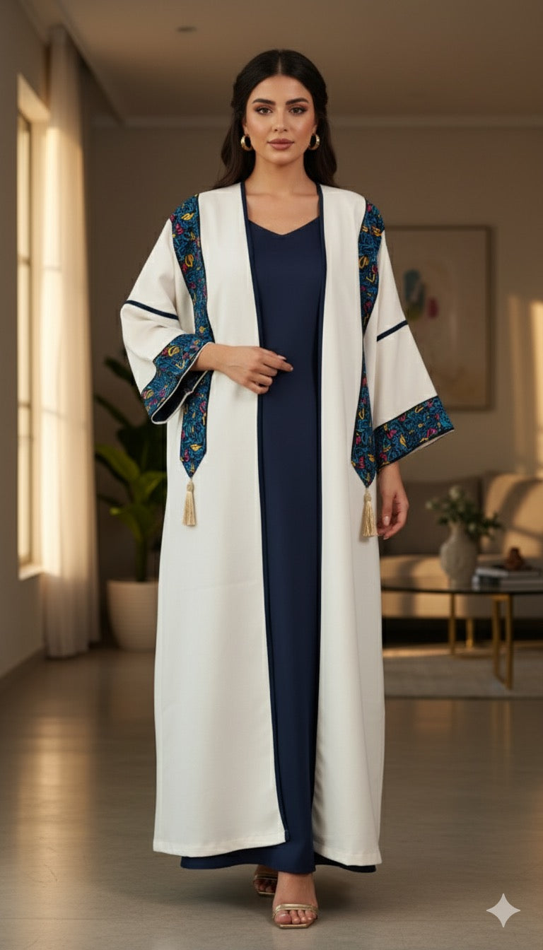 White Abaya with Blue Embroidered Accents