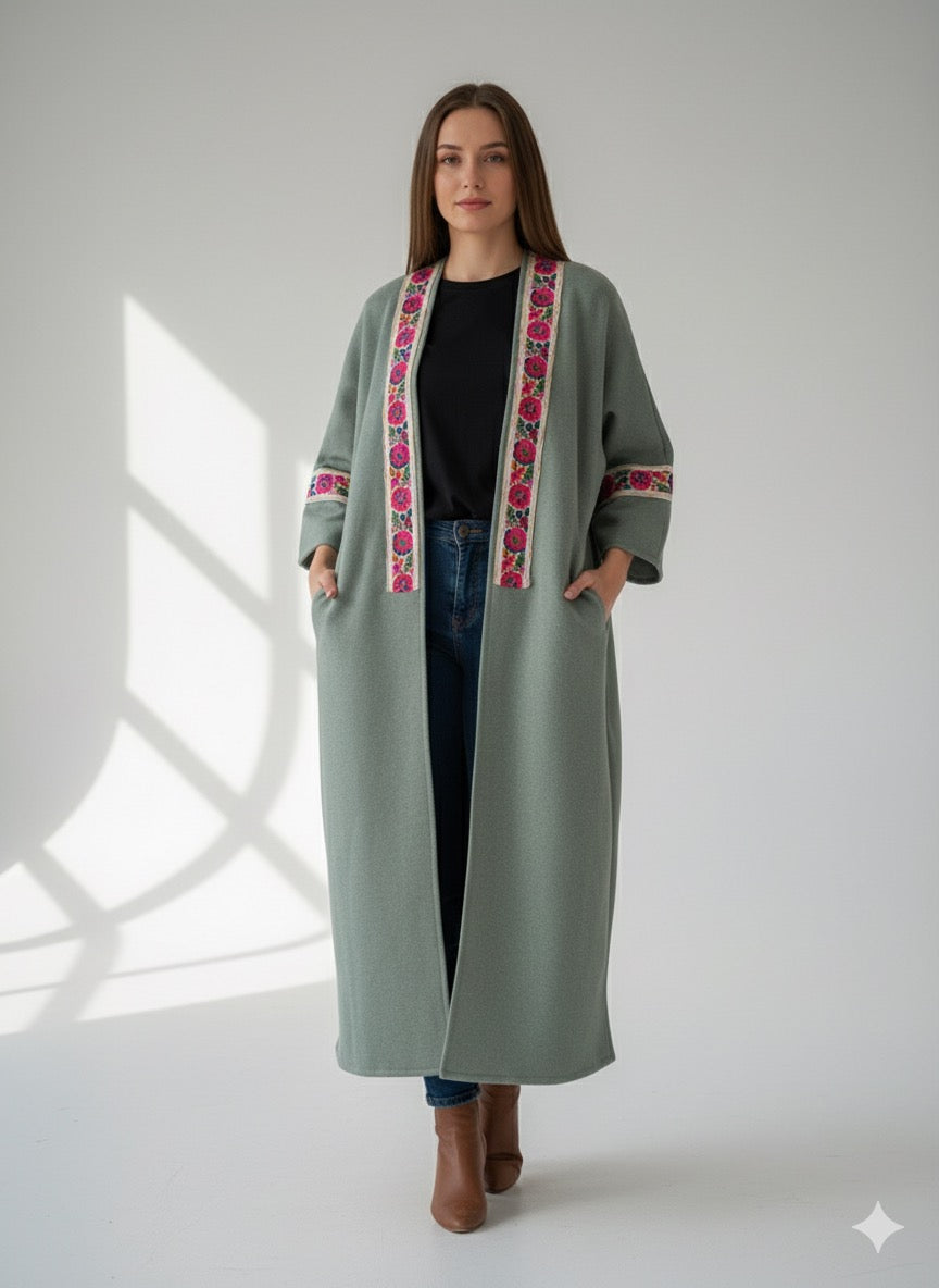 Mint Green Coat with Floral Embroidery