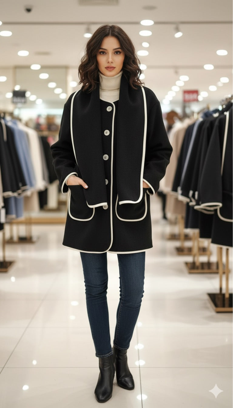 Elegant Contrast Trim Wool-Blend Coat with Attached Scarf ( XL) (XXL)