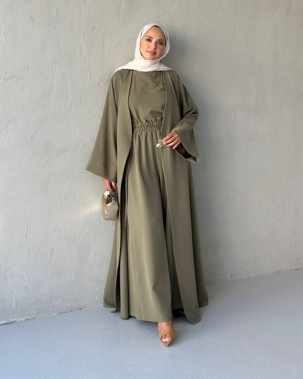 Olive Green 3-Piece Modest Set (Kimono, Top & Pants)