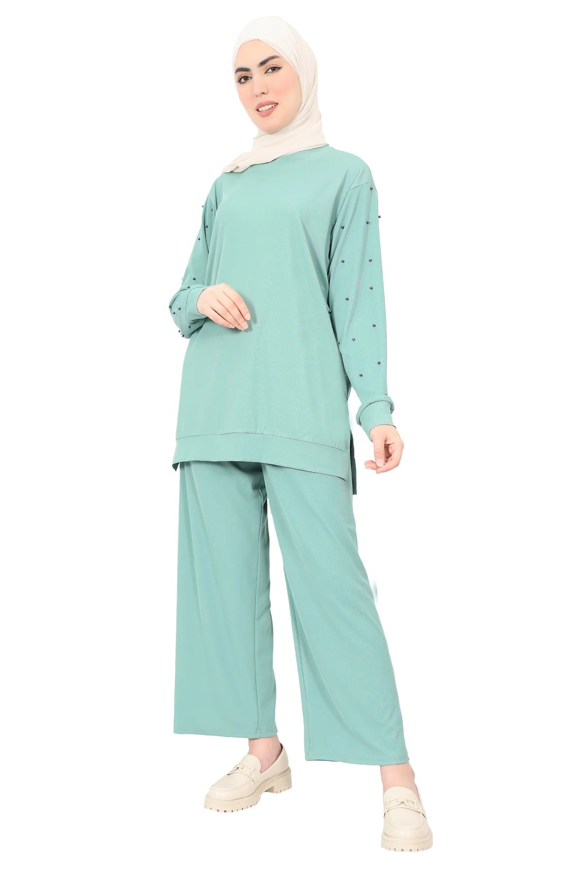 Mint Beaded Sleeve Tunic and Pant Set