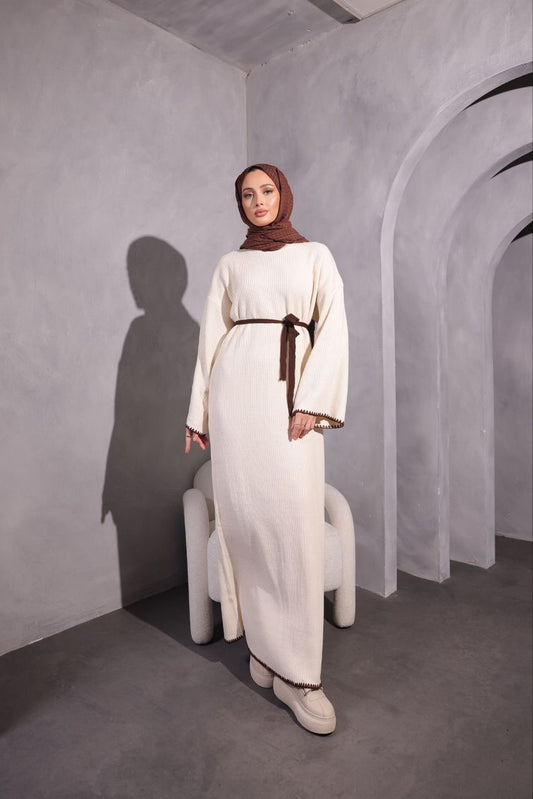 Cream Knit Dress with Brown Belt