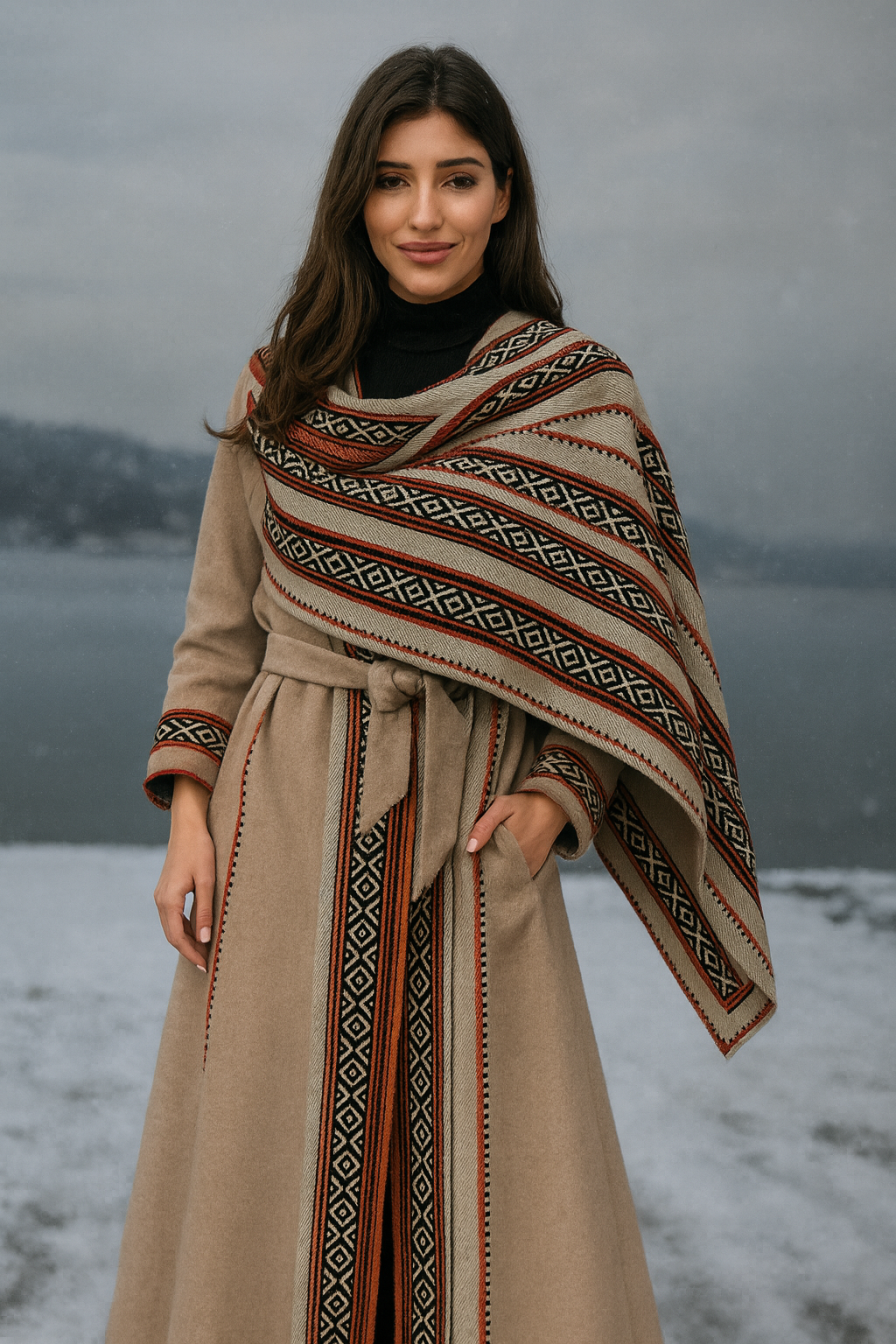 Embroidered Winter Coat – Beige Elegance
