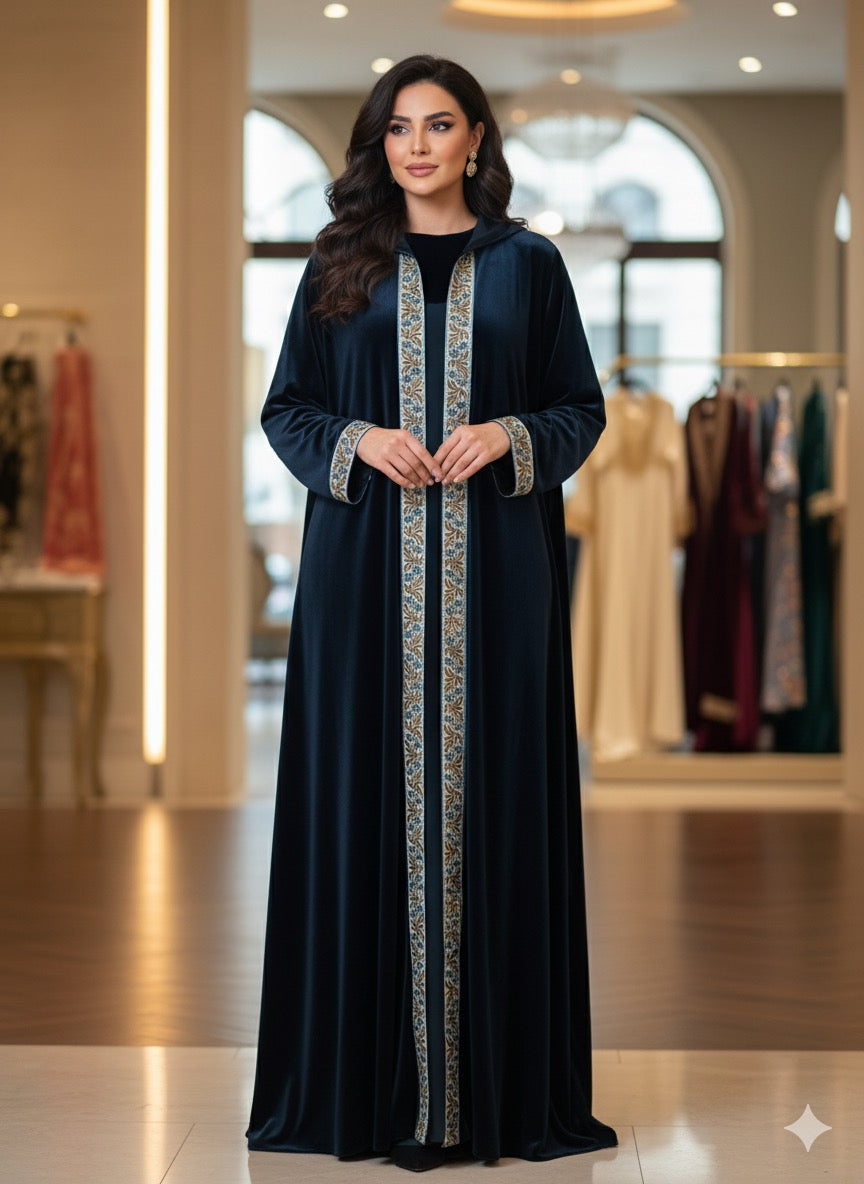 Velvet Moroccan Abaya with Hood – One Piece