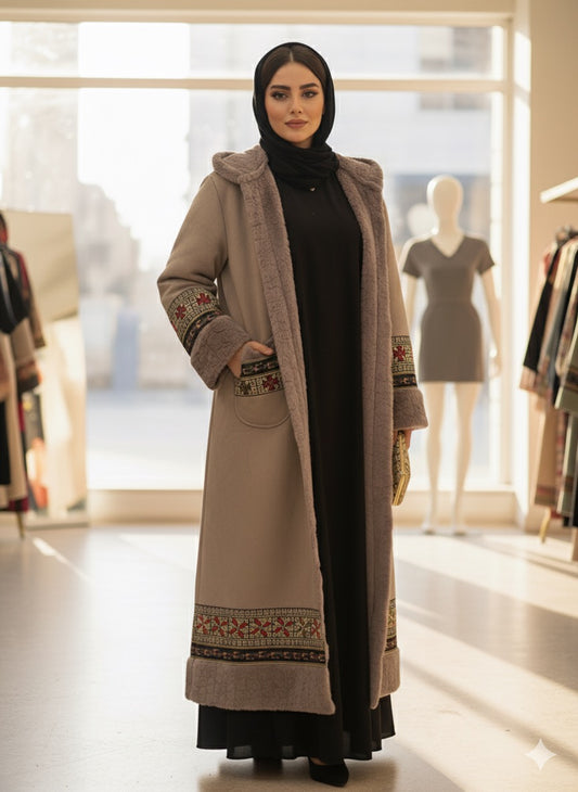 One-Piece Coat with Fur Lining & Elegant Embroidered Edges