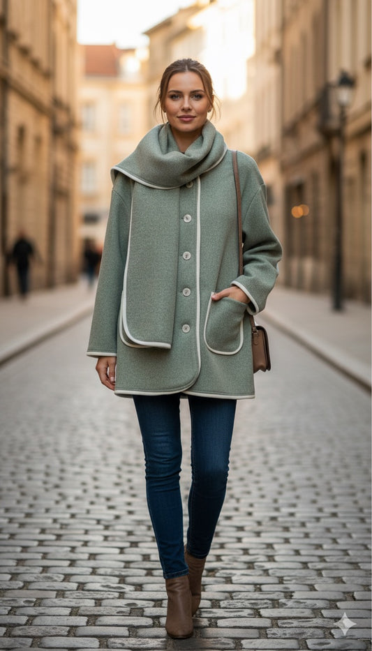 Elegant Contrast Trim Wool-Blend Coat with Attached Scarf ( XL) (XXL)