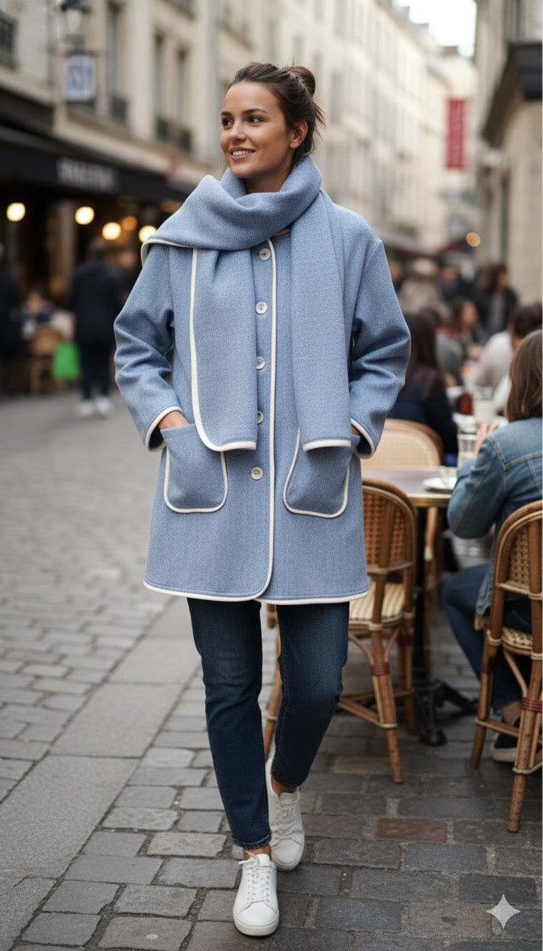 Elegant Contrast Trim Wool-Blend Coat with Attached Scarf ( XL) (XXL)