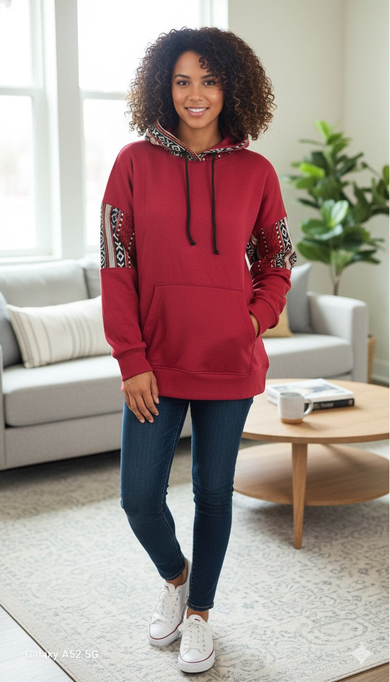 Unisex Sadu-Inspired Patchwork Hoodie – Maroon