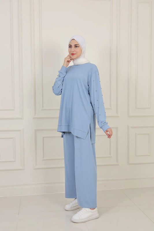 Sky Blue Beaded Sleeve Tunic and Pant Set