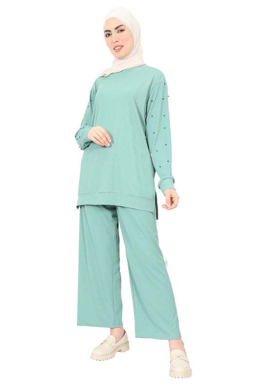 Mint Beaded Sleeve Tunic and Pant Set