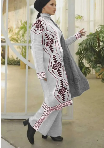 Elegant Embroidered Long Open Kimono – Gray with Burgundy Patterns