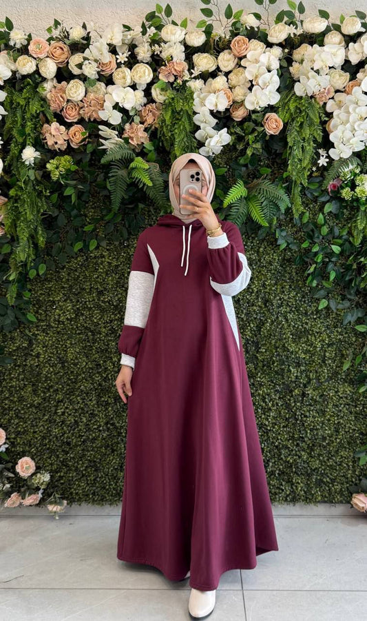 Burgundy Hoodie Dress with Contrast Sleeves